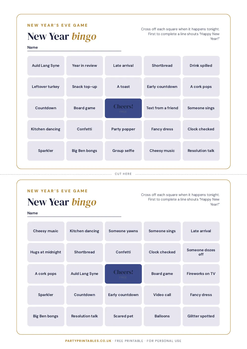 Page 1 of the New Year’s Eve bingo printable