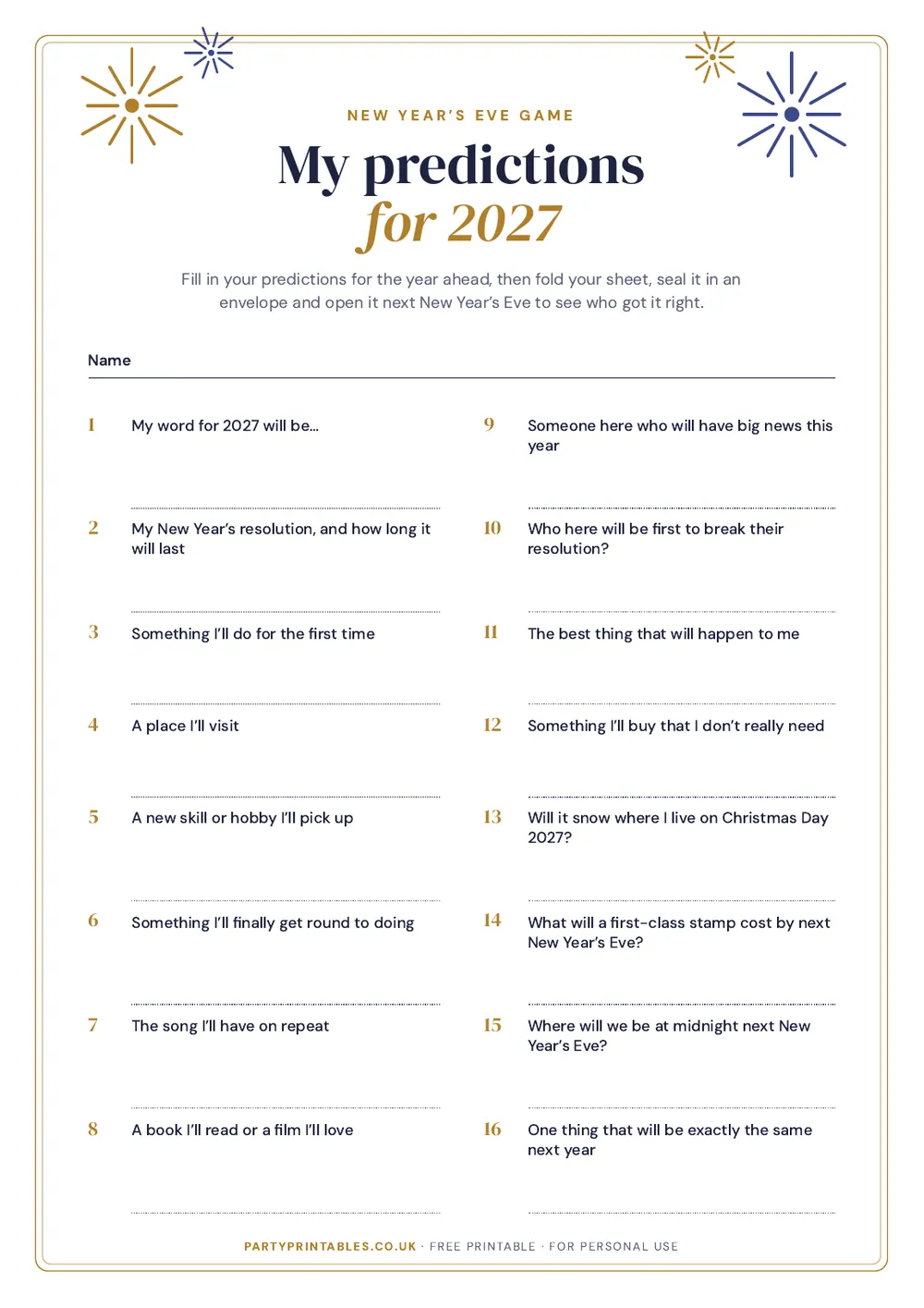 Page 1 of the New Year’s Eve predictions card for 2027 printable