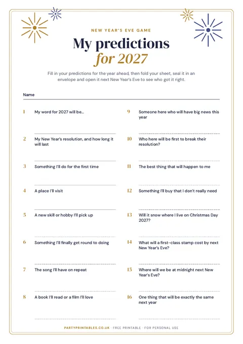Preview of the New Year’s Eve predictions card for 2027 printable