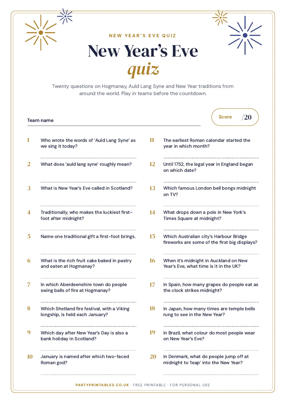 Page 1 of the New Year’s Eve quiz printable