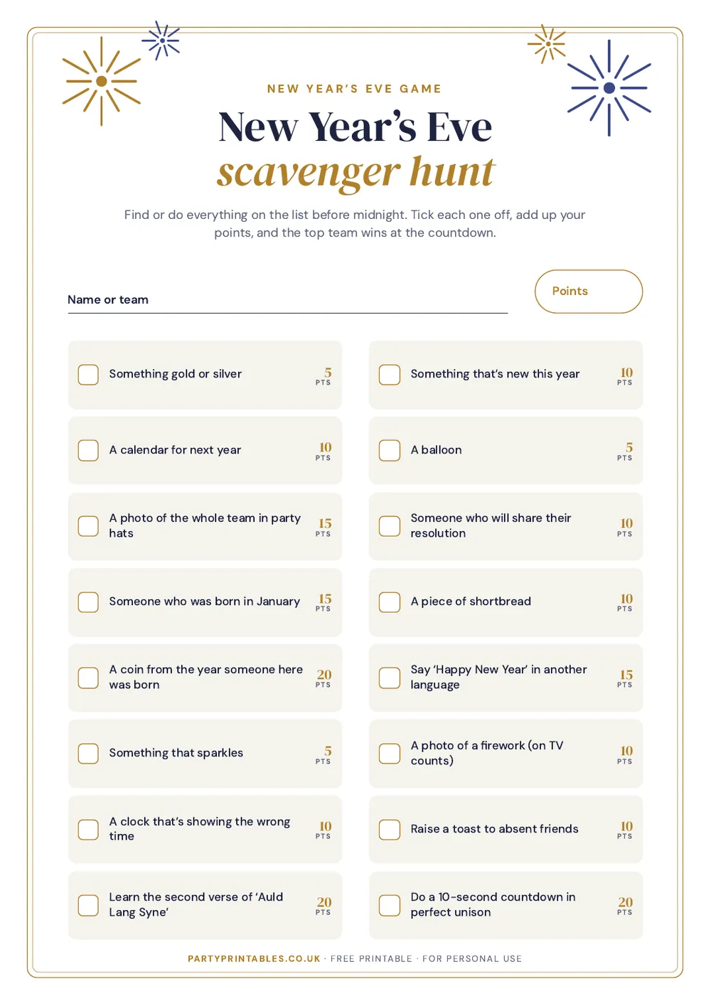 Page 1 of the New Year’s Eve scavenger hunt printable