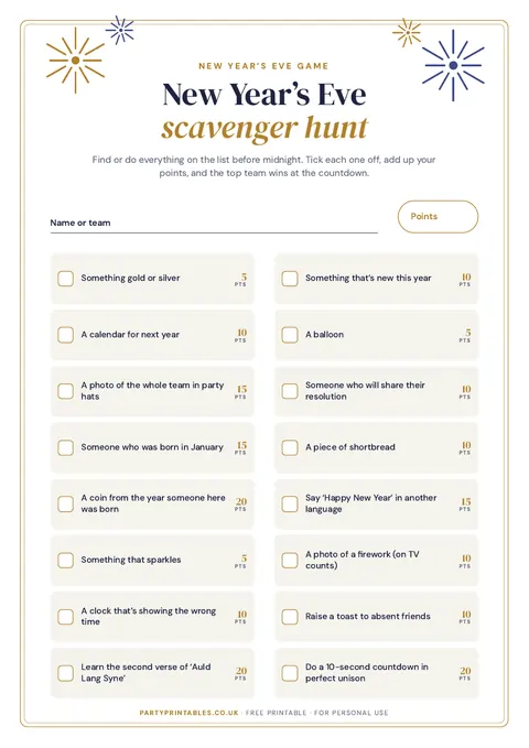 Preview of the New Year’s Eve scavenger hunt printable