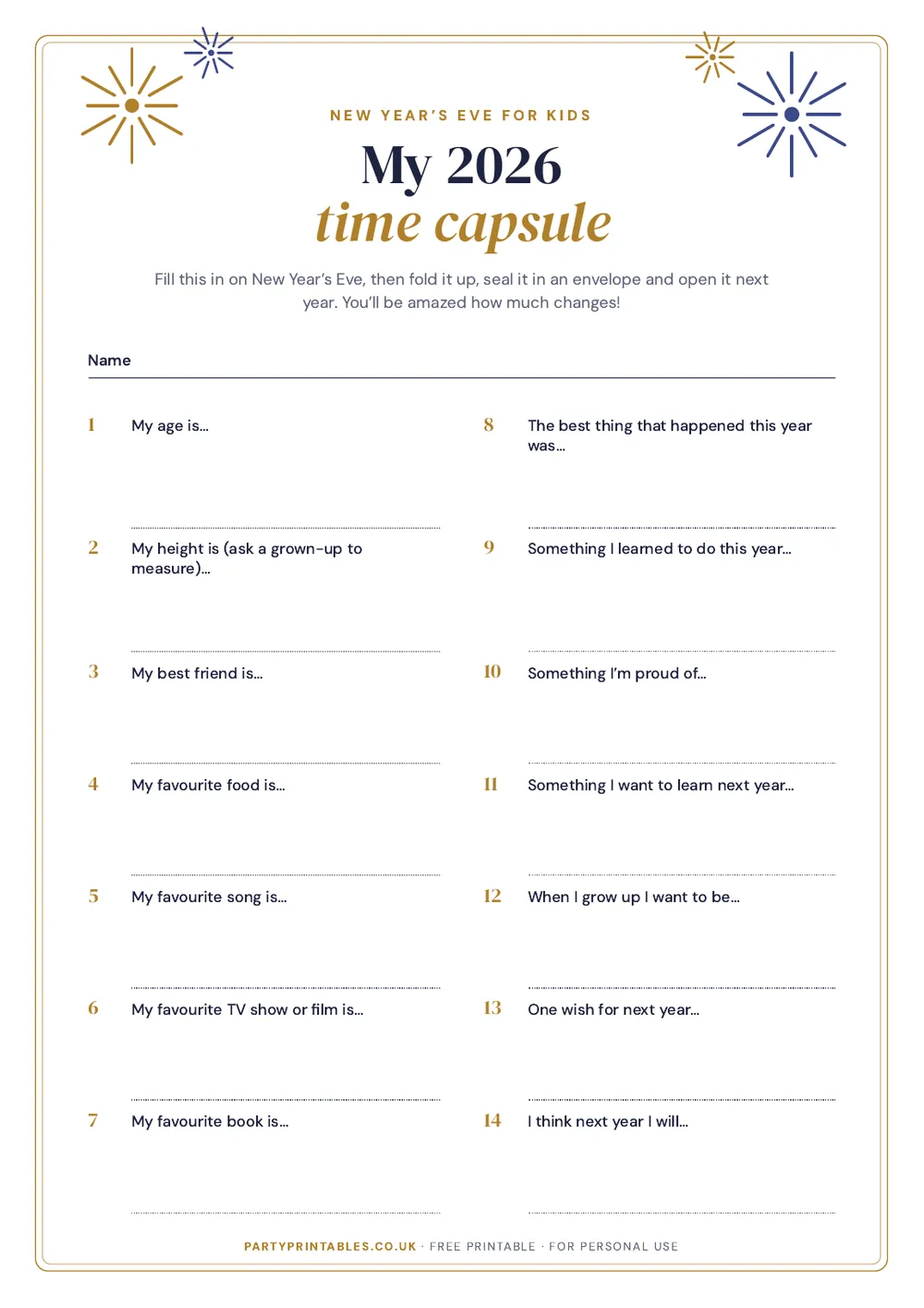 Page 1 of the New Year’s Eve time capsule for kids (2026) printable