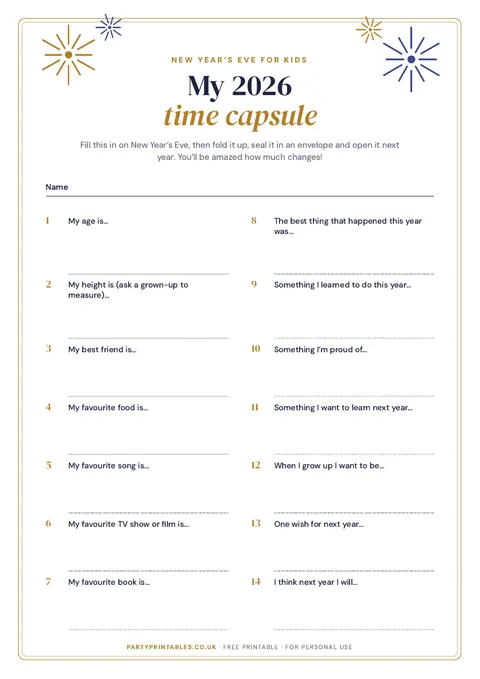 Preview of the New Year’s Eve time capsule for kids (2026) printable