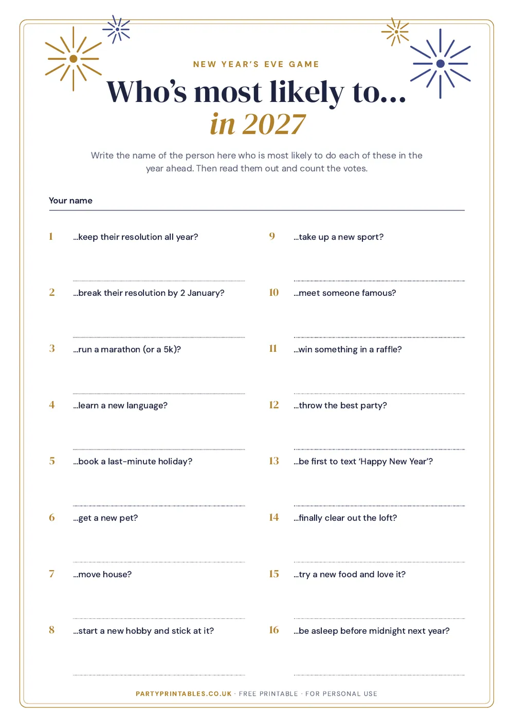 Page 1 of the Who’s most likely to… in 2027? New Year’s Eve game printable