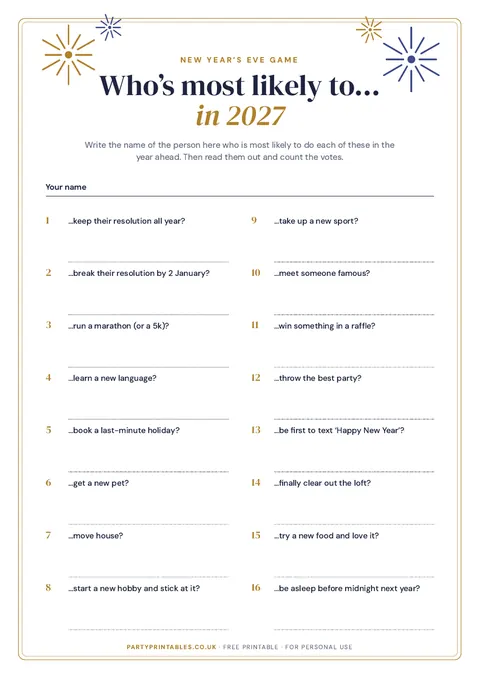 Preview of the Who’s most likely to… in 2027? New Year’s Eve game printable