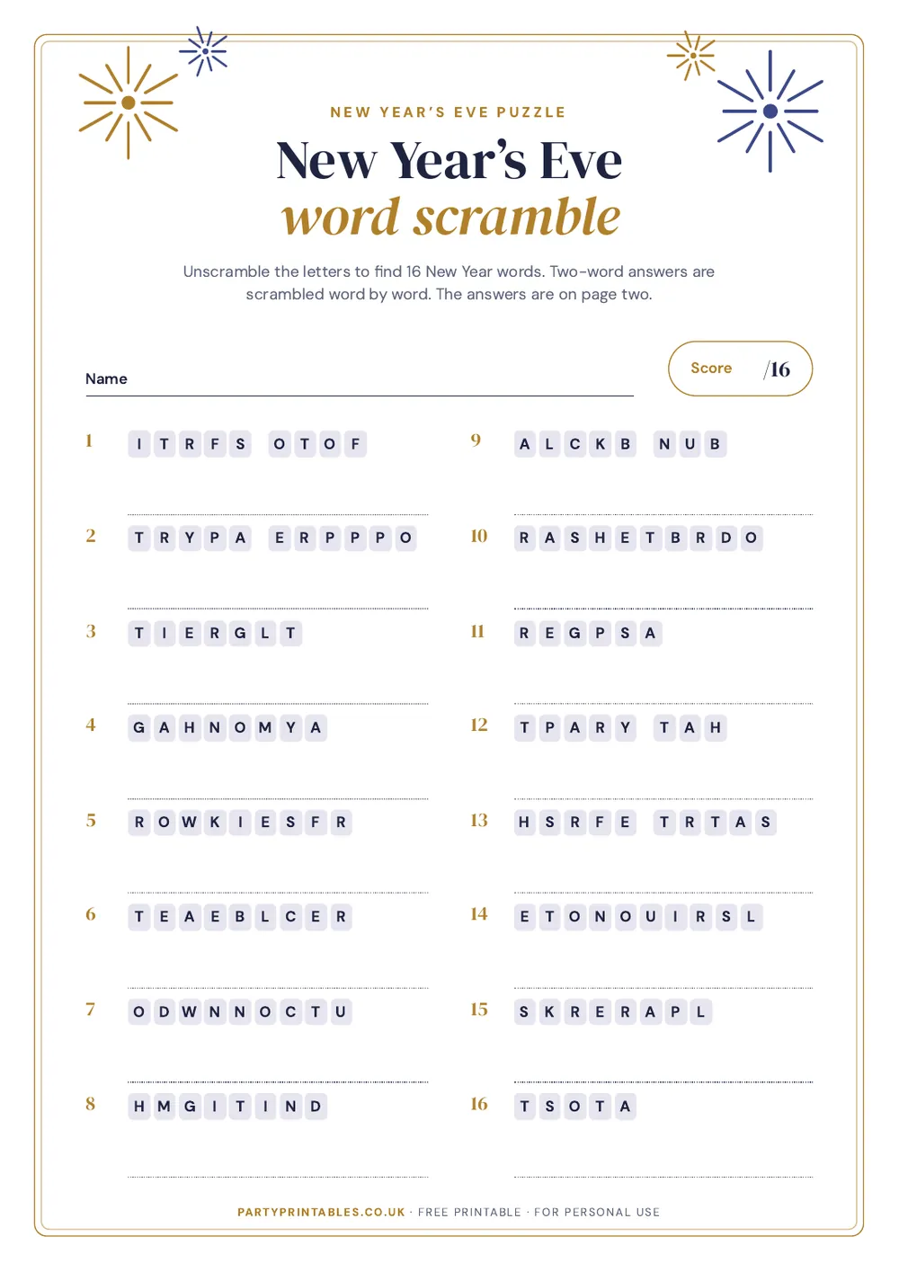 Page 1 of the New Year’s Eve word scramble printable