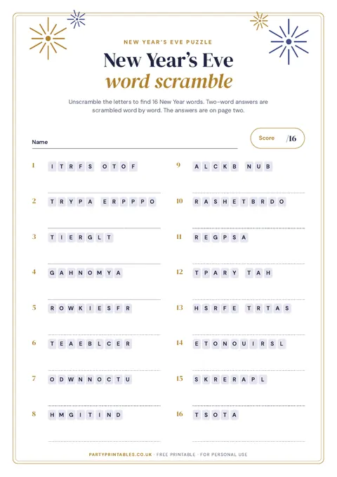 Preview of the New Year’s Eve word scramble printable