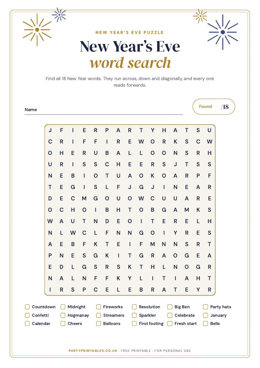 Page 1 of the New Year’s Eve word search printable
