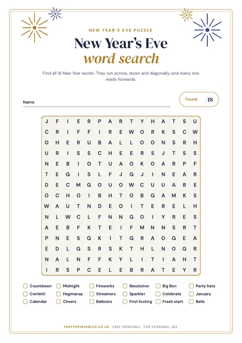 Preview of the New Year’s Eve word search printable