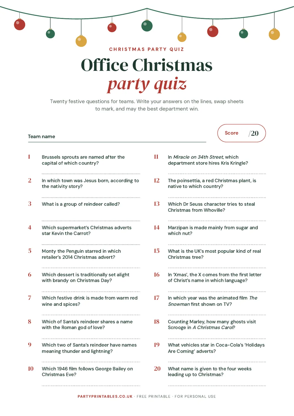 Page 1 of the Office Christmas party quiz printable