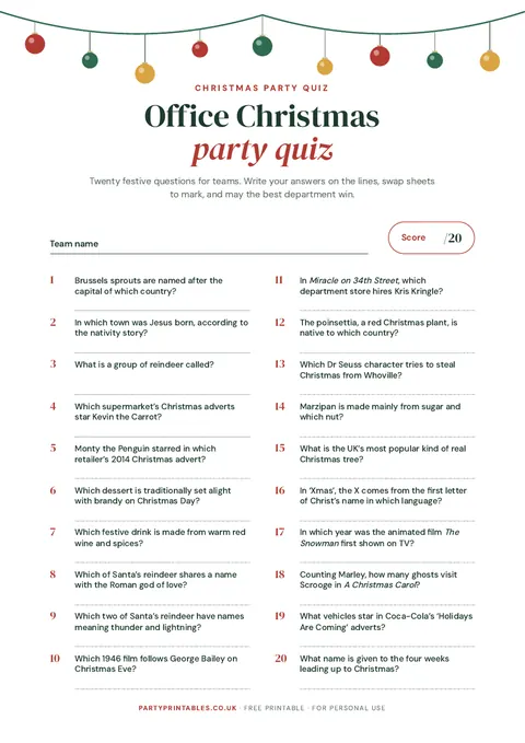 Preview of the Office Christmas party quiz printable