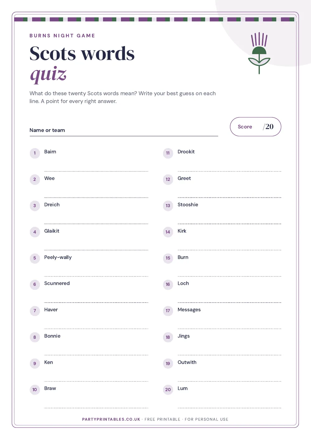 Page 1 of the Scots words quiz: what does it mean? printable