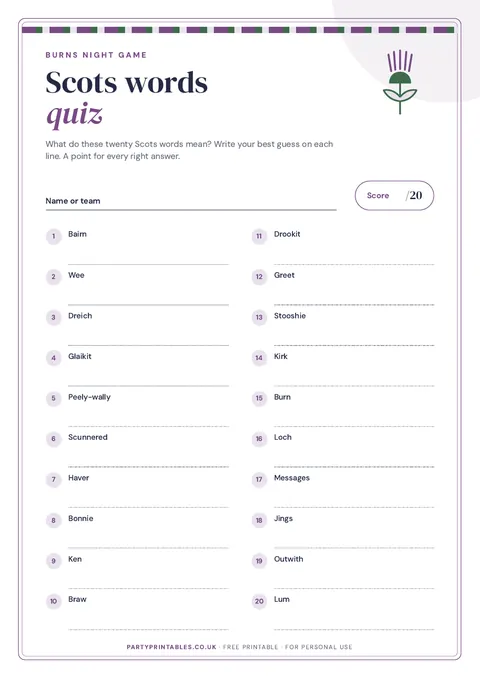 Preview of the Scots words quiz: what does it mean? printable