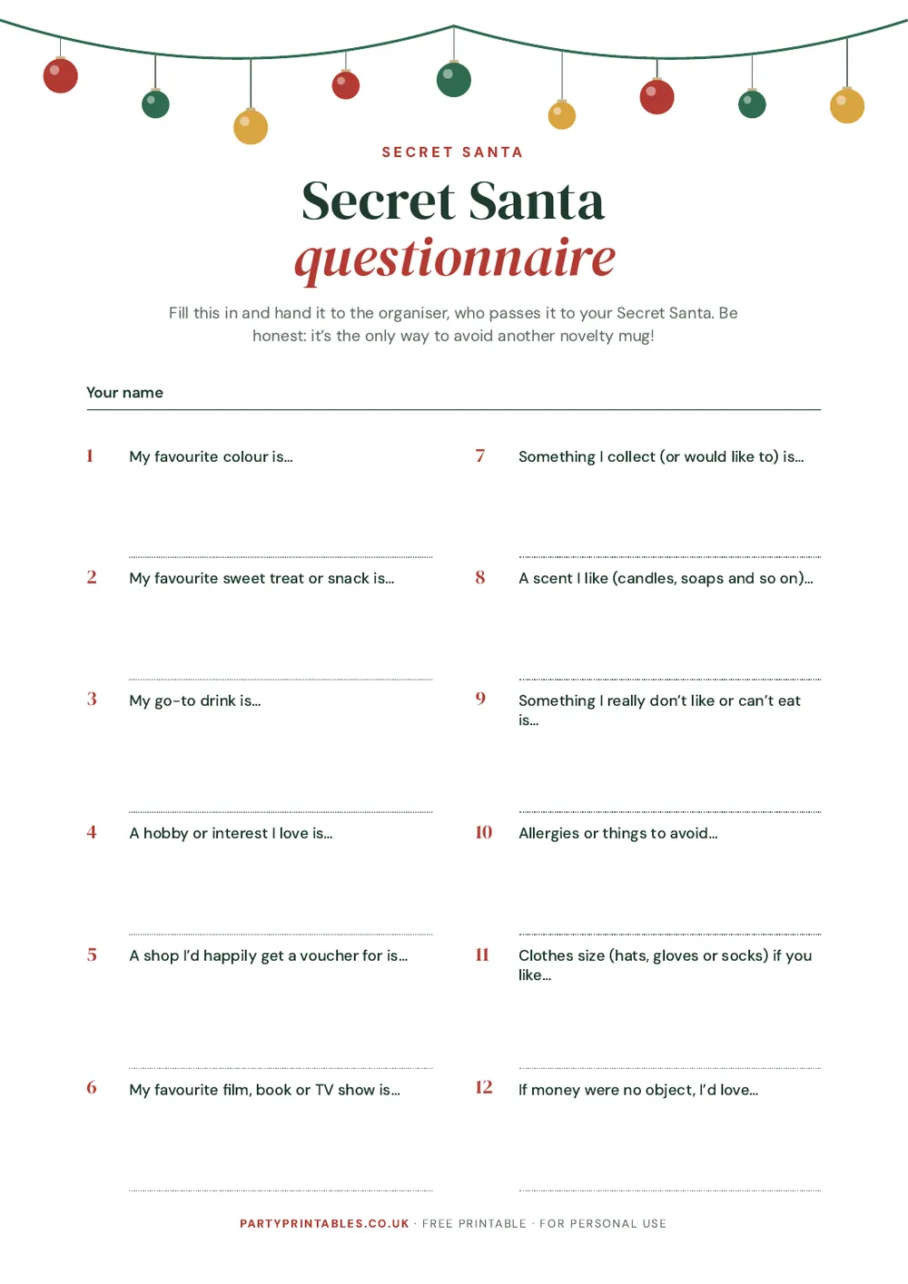 Page 1 of the Secret Santa questionnaire printable