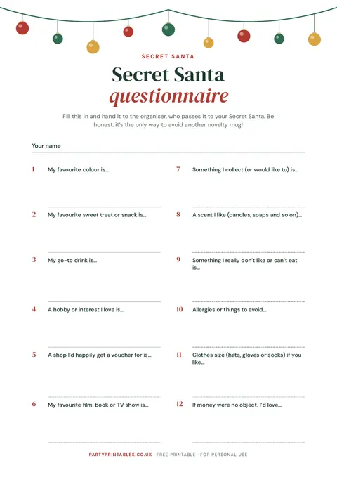 Preview of the Secret Santa questionnaire printable