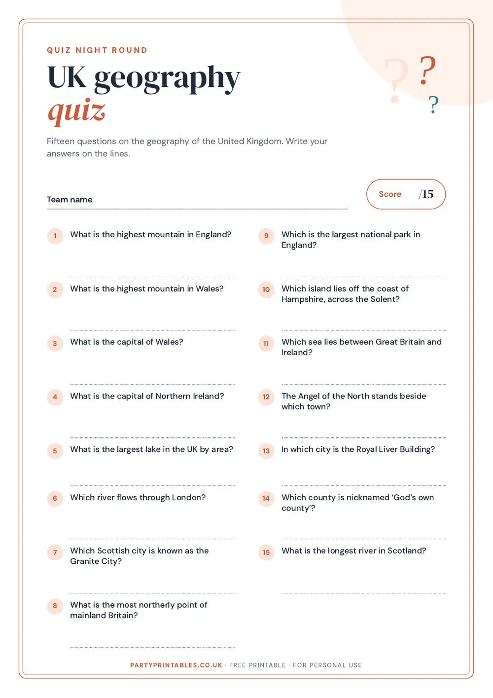Page 1 of the UK geography quiz printable