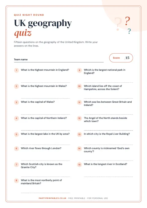 Preview of the UK geography quiz printable